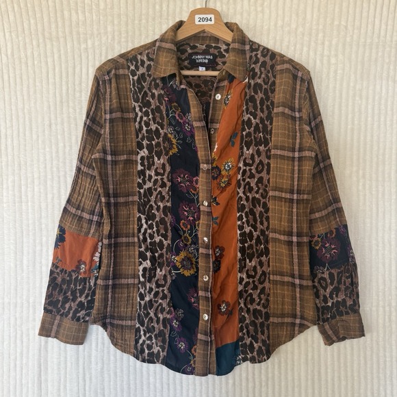 Johnny Was Tops - JOHNNY WAS Workshop Plaid Mix Floral Leopard Button Up Shirt Size XS Cotton Silk